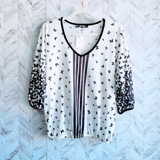 Maurices Butterfly Blouse 3/4 Sleeve, sz Small White & Black