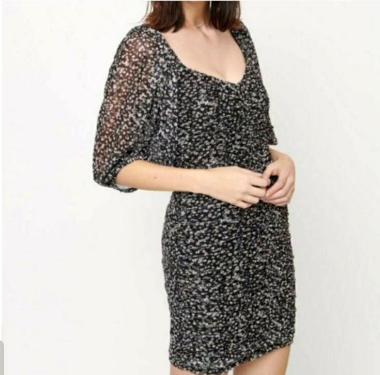 Dynamite Floral Ruched Puff Sleeve Dress, Medium