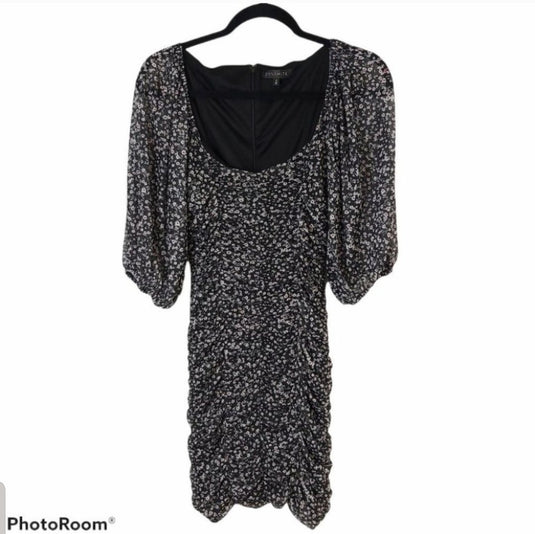 Dynamite Floral Ruched Puff Sleeve Dress, Medium