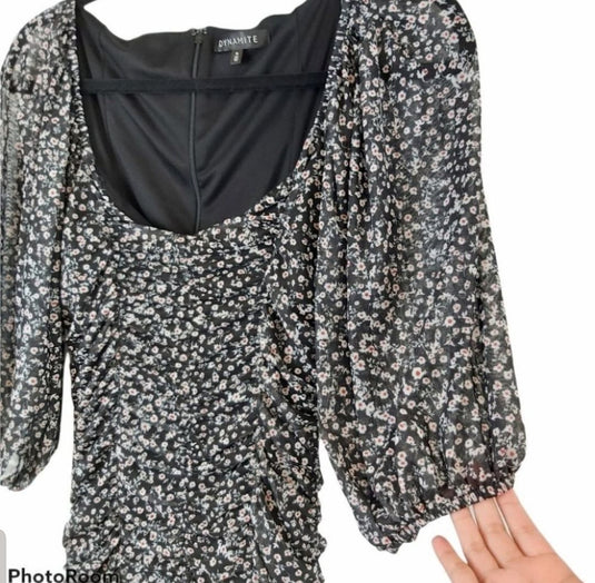Dynamite Floral Ruched Puff Sleeve Dress, Medium