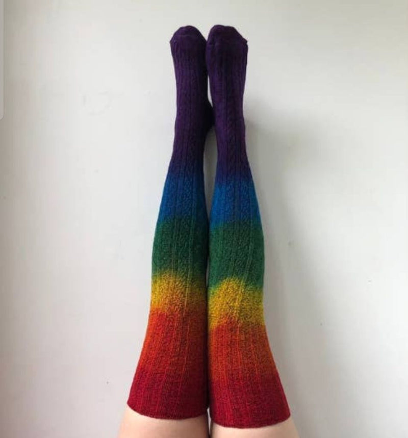 Load image into Gallery viewer, Peony and Moss *NEW Rainbow Thigh High Socks, Long Rainbow
